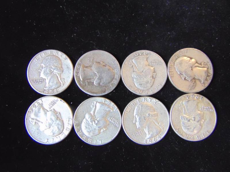 lot 7003 image: 8 Washington Quarters - Dated 1937,40,41, 51, 64,64 and 64