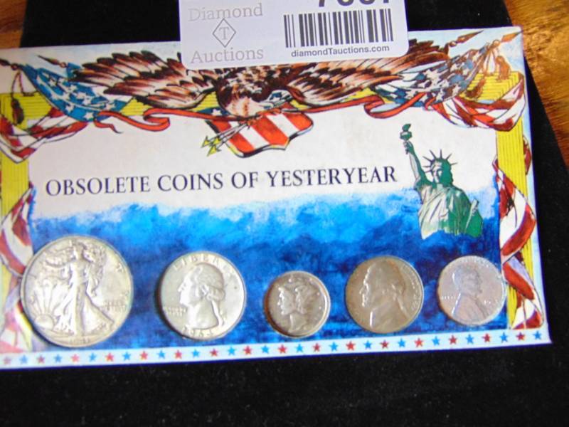 lot 7007 image: Obsolete coins of Yesteryear - 1941 Liberty Half, 1964 Washington Quarter, 1945 Mercury Dime, 1944 Nickel and 1943 Steel Penny