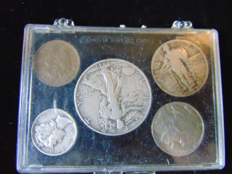 lot 7008 image: 1947 Liberty Half, 1929 Quarter, 1939 Mercury Dime, 1935 Buffalo Nickel and 1906 Indian Head Penny