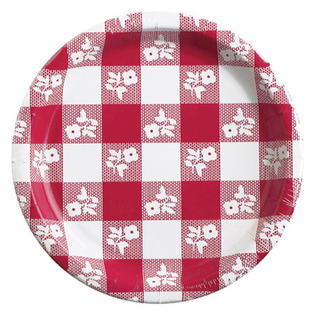 lot 8360 image: Creative Converting 10-14 Inch Red Gingham Paper Plates, 8 Count (Pack of 2) (Total Count  96)