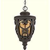 lot 8506 image: Hanging Lantern Pendant Light Outdoor Black Amber Glass Iron Elegant Traditional
