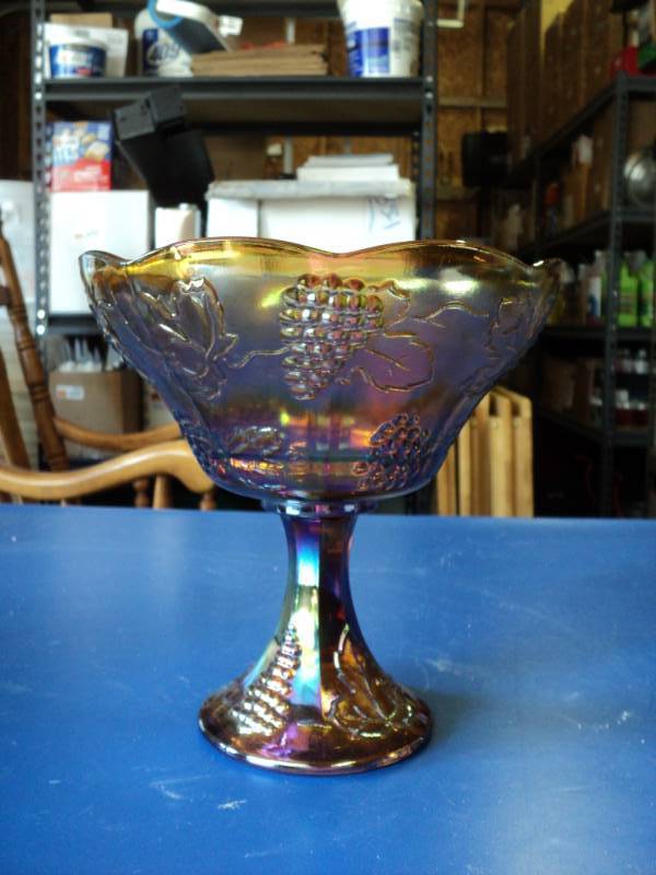 lot 7995 image: Indiana Carnival Glass Amber- Harvest Grape Pattern, Fruit Bowl Compote, 8-14 dia x 8-12, no chips noted