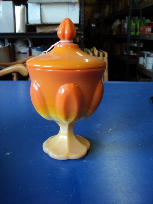 lot 7996 image: Vintage Slag Glass Caandy Dish, Orange 4-12 dia x 8-12