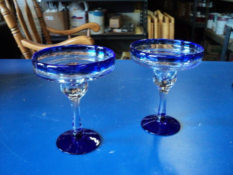 lot 7997 image: (1) Pair Hand blown Bubble Margarita glasses, Cobalt & clear, Made in Mexico