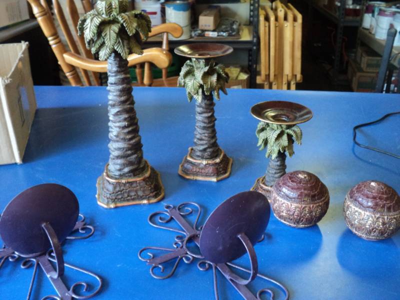 lot 7998 image: (7) ct. mixed lot Candles and candle holders (2) metal wall candle holders, (1) set of (3) Caribbean Theme Candle holders w (2) coconut candles