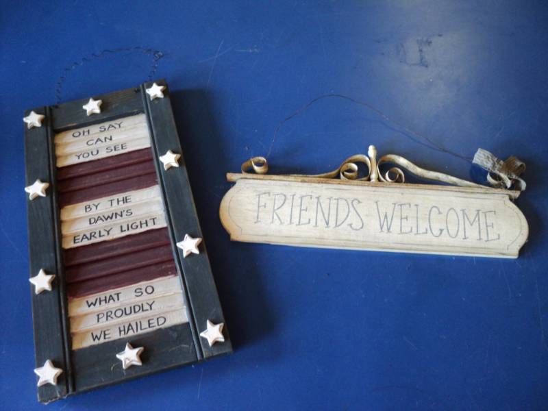 lot 8012 image: (2) ct. lot decorative wooden signs, (1) shutter 8-12 x 16, (1) Friends Welcome 15 x 6