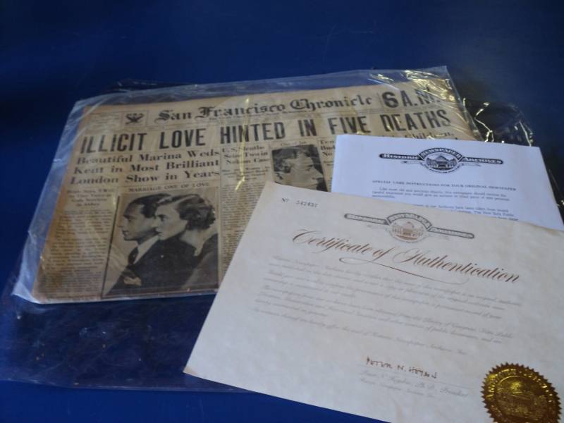 lot 8021 image: 1934 Historic Newspaper San Francisco Chronicle, certificate of Authenticity