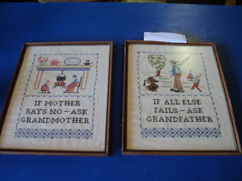 lot 8023 image: (2) vintage embroidered Grandparent Saying pictures, framed 16 x 13