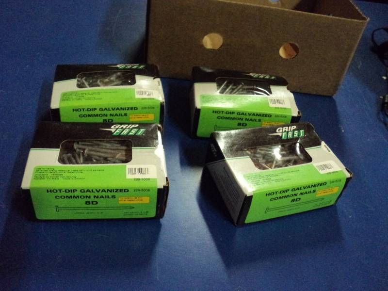 lot 8111 image: (4) boxes Grip Fast Hot Dip Galvanized Nails 8D, 2-12 long, approx 100 nails per box