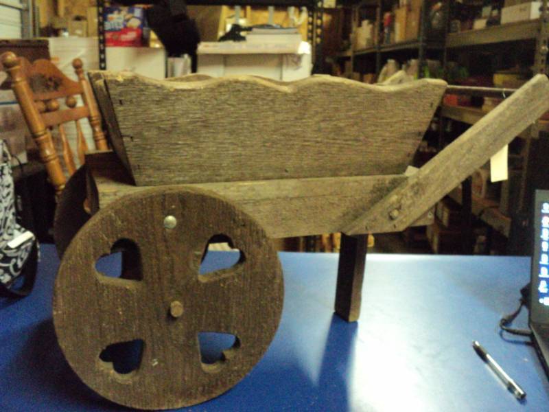 lot 8182 image: Rustic Wooden Wheel Barrow Garden Planter, 14 x 27 x 16