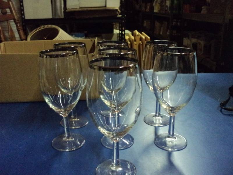 lot 8193 image: (1) set of (7) large wine glasses metallic rims