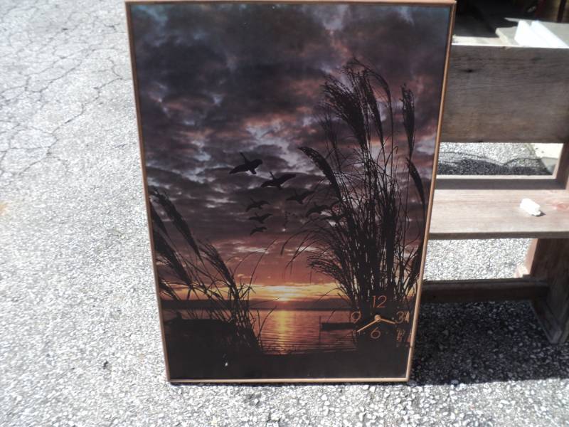 lot 8212 image: Vintage Woodland Scene Picture with Clock, approx 24-38 x 37 x 2, clock is untested