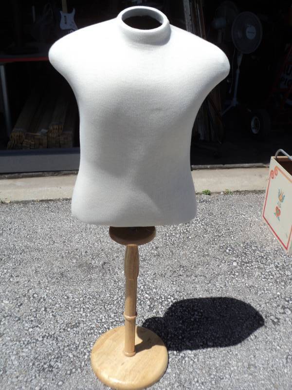 lot 8243 image: Male Mannequin Fabric Covered Torsoon wooden stand, off white, approx 18 x 9 x 48 tall (total height)