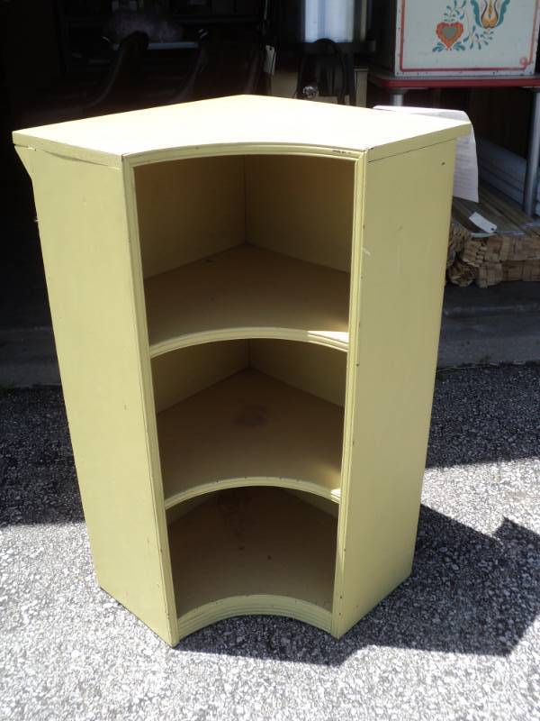 lot 8268 image: Handmade, One-of-A- Kind, Wooden Corner (Jelly) Cabinet, approx 20 x 20 x 36 tall, yellow