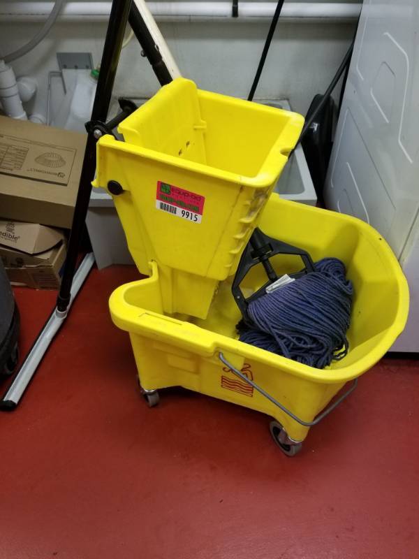 lot 9915 image: Mop Bucket With Mop, Floor Squeege and Wall Rack