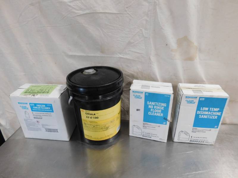 lot 2024 image: Monogram Freezer Cooler Cleaner, Sanitizing No Rinse Floor Cleaner, Low Temp Dishwashing Machine Sanitizer and Shell Omala Industrial Gear Oil
