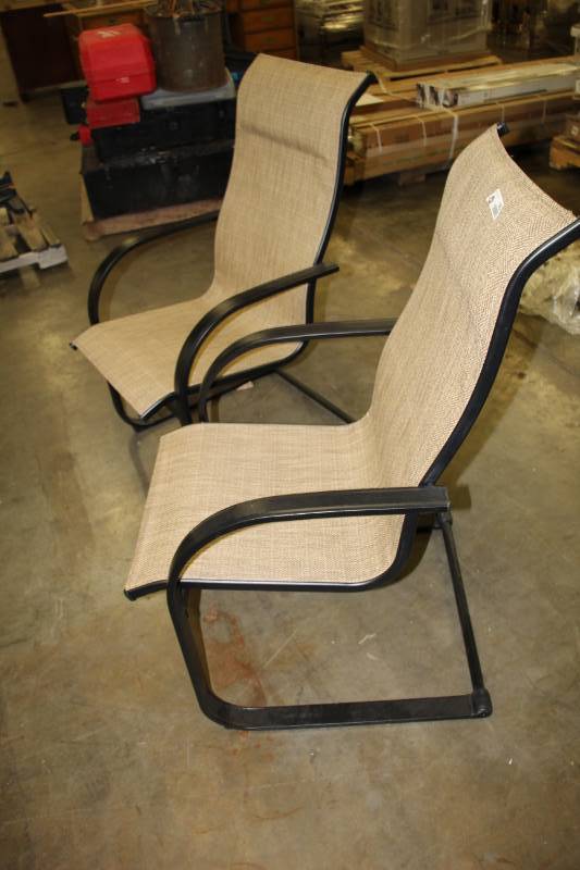 lot 1957 image: Garden Treasures Pelham Bay Set of 2 Steel Spring Motion Dining Chairs with Tan Sling Seats