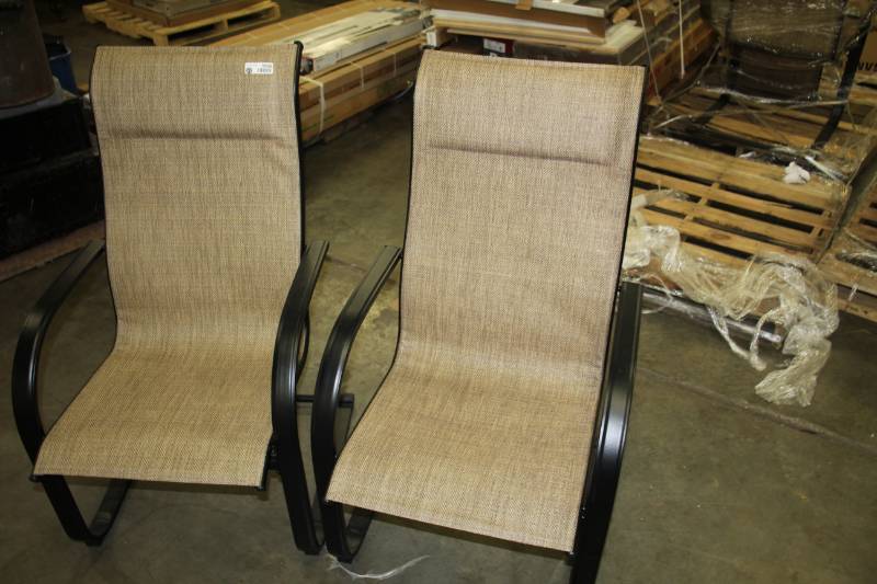 lot 1959 image: Garden Treasures Pelham Bay Set of 2 Steel Spring Motion Dining Chairs with Tan Sling Seats