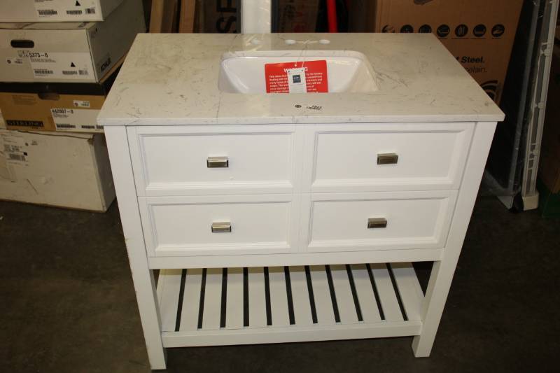 lot 1925 image: Scott Living Canterbury 36-in White Single Sink Bathroom Vanity with Carrara Engineered Stone Top