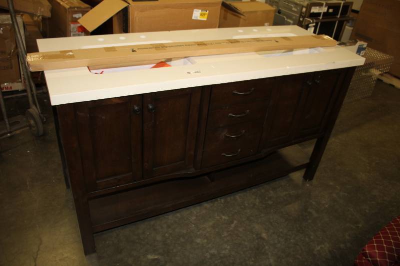 lot 1962 image: allen  roth Kingscote 60-in Espresso Double Sink Bathroom Vanity with White Engineered Stone Top