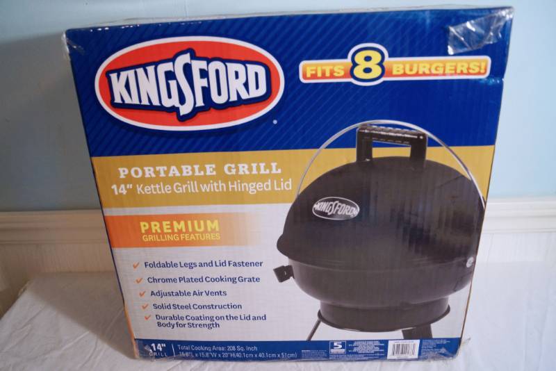 lot 1399 image: Kingsford 14 Portable Grill- new in box- Kettle Grill with Hinged lid-Foldable legs-chrome plated grate-Solid steel construction-Get Grillin