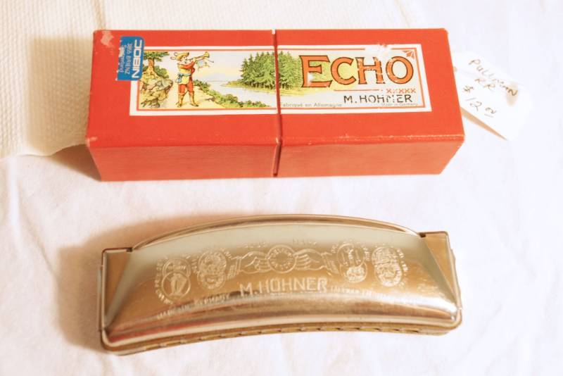 lot 1415 image: Echo Harmonica with case-Rare find  - Pullman Company Hand Towel-Mini Farkel game- white mini vase - Great for train memorabilia collectors