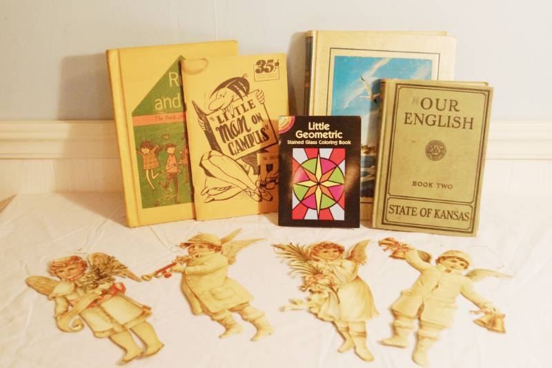 lot 1419 image: Kansas University -Vintage-Little Man on Campus Cartoon book-by Richard Bibler-other vintage textbooks, etc.-Antique designed Double sided Cardboard Angels