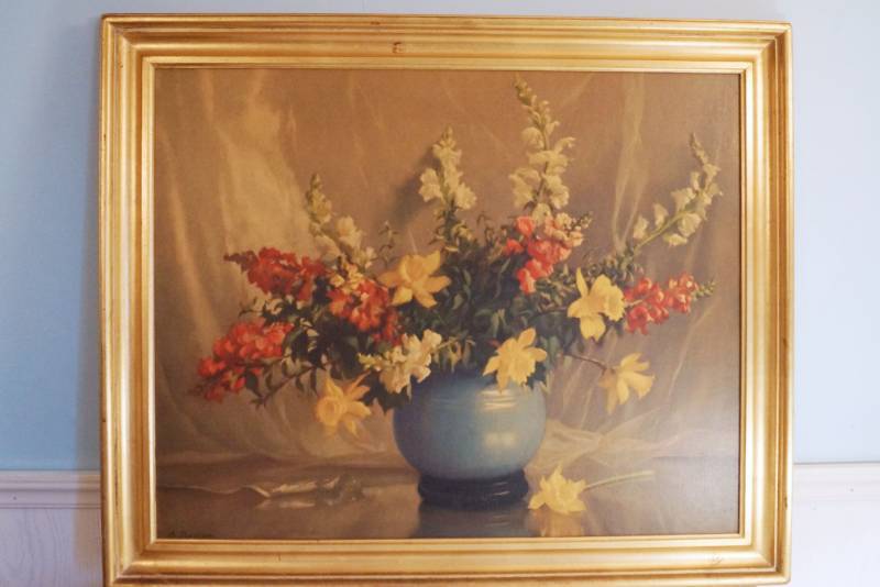 lot 1429 image: Large Floral painting- Reofect- gold frame- label on back-Pretty
