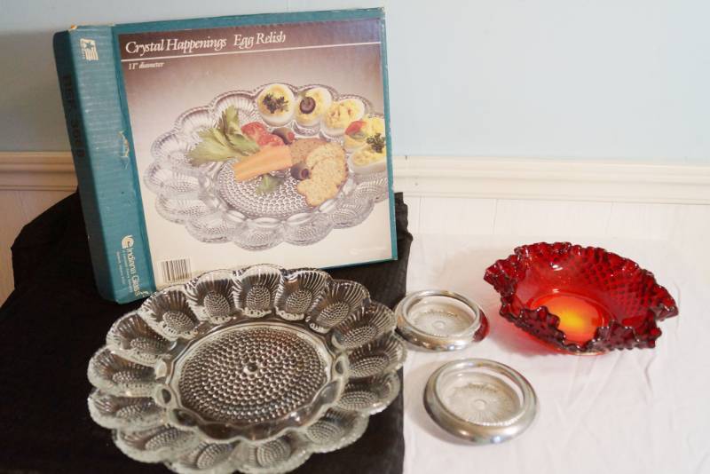 lot 1437 image: Red Fenton candy dish-Glass egg tray-two coasters 