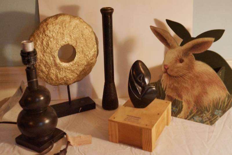 lot 1441 image: Unique Rock statue and misc home decor - The statue is hand carved and in a small wooden box packed with sawdust.