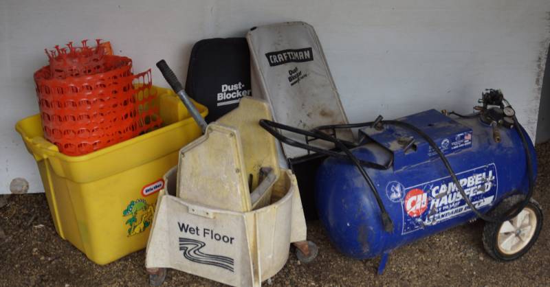 lot 1479 image: AIR COMPRESSOR - mop bucket - two Craftsman baggers - Snow Fence-See pics for more details - Shed clean out-