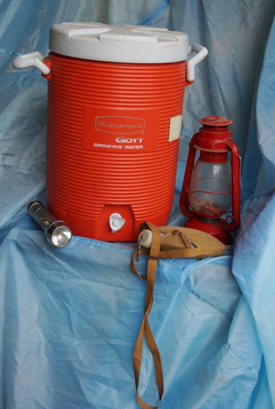 lot 1497 image: Gott Five Gallon Water Jug-Vintage Ray o Vac Flashlight-Vintage red Metal Lantern-Boy Scout type Canteen-See pics for details