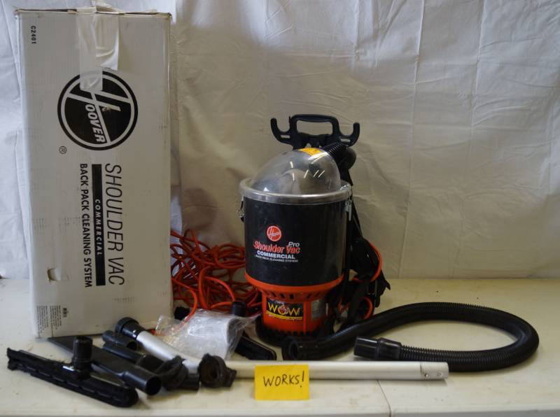 lot 5410 image: Commercial Hoover Shoulder Pro Vac - Backpack cleaning system - M# C2401 WORKS w accessories and original box NICE