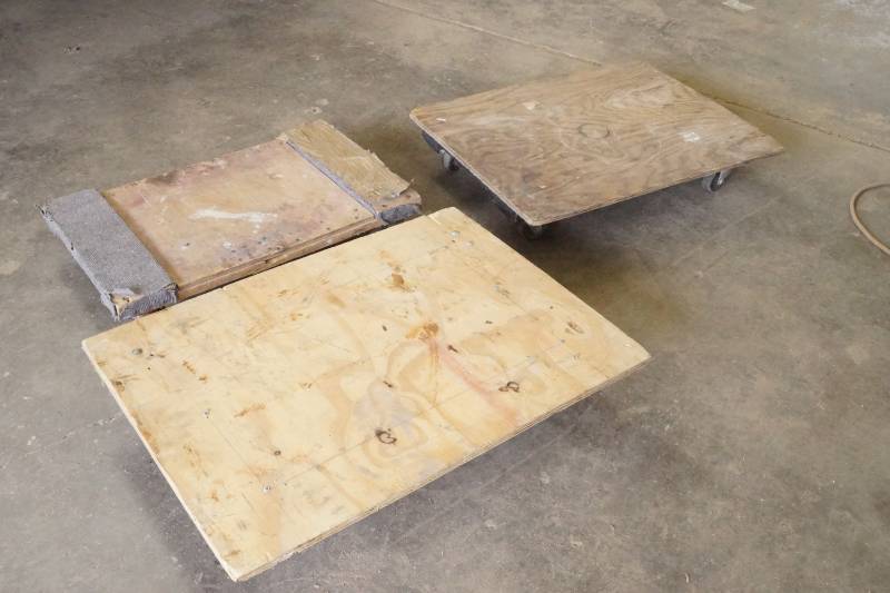 lot 5493 image: 3 Wooden Moving Carts with Wheels