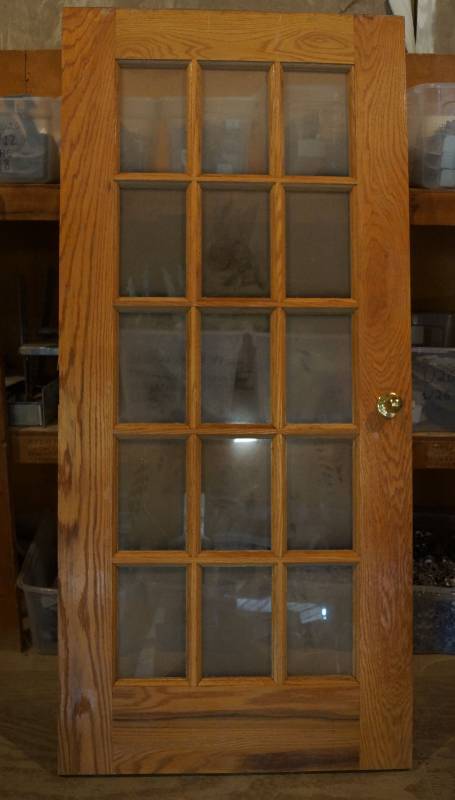 lot 5507 image: Nice Heavy Solid Oak Door with Window Panes - 38 x 78.5 with Door Handle