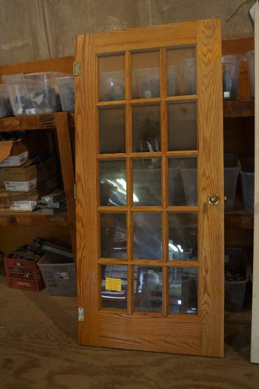 lot 5506 image: Nice Heavy Solid Oak Door with Window Panes - 38 x 78.5 with Door Handle & Hinges