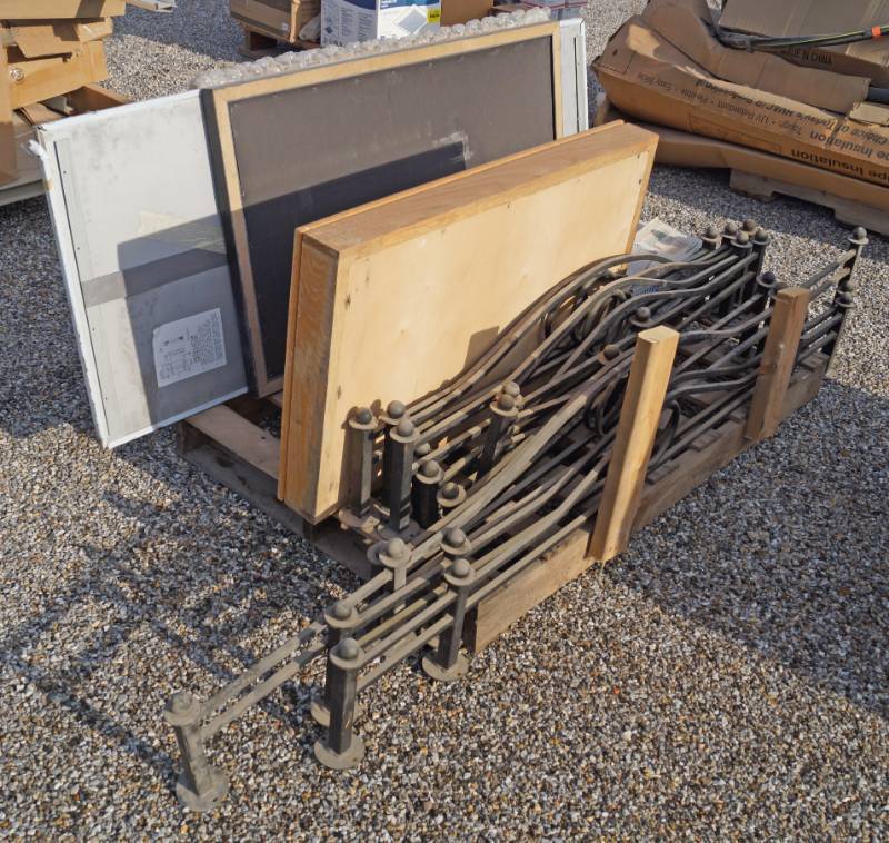 lot 5252 image: Pallet of decorative metal railing, wooden wall display case, write-on signs, large mirror, and more See pics
