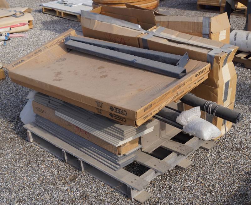 lot 5257 image: Pallet of Building Materials - 2 Window Sun Shades, Commercial Smoke Detectors in original boxes, Various Tile, Ceiling Tile Frames, etc...