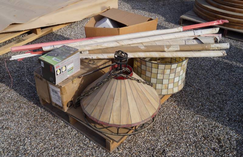 lot 5258 image: Restaurant Lighting Pallet - 2 Stained Glass fixtures, many various hanging brackets, Pieces of smoked Plexi-Glass w covering intact