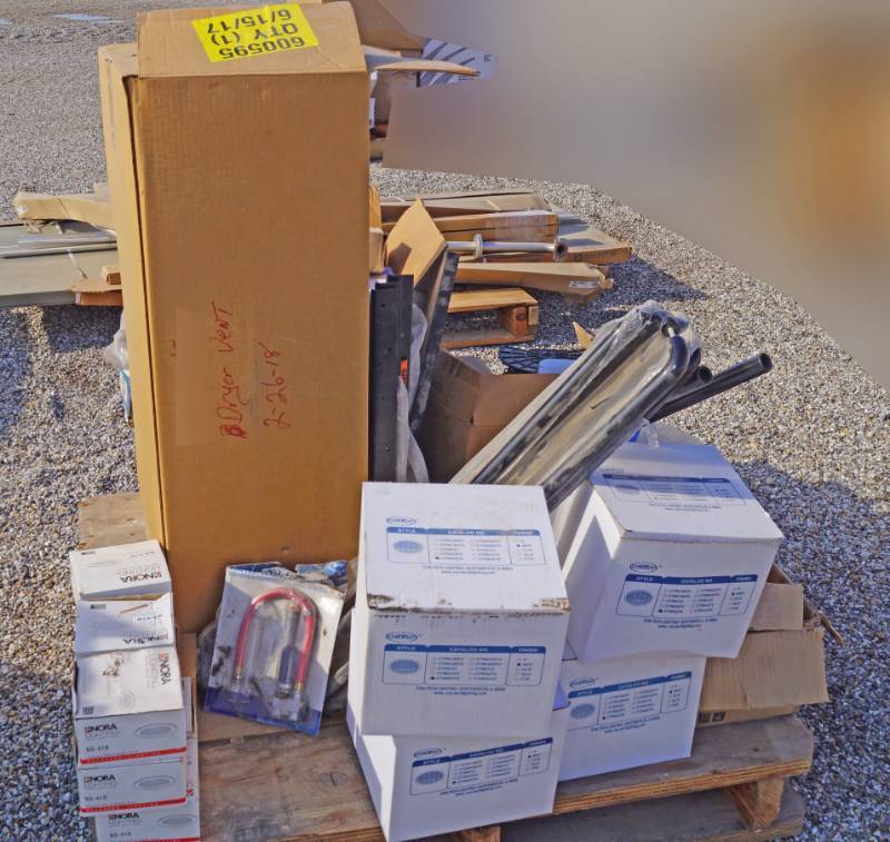 lot 5268 image: Construction Pallet - Recessed Lighting Rings, Dryer Vent, Broan Exhaust Vent Fan, Water Covers, and More