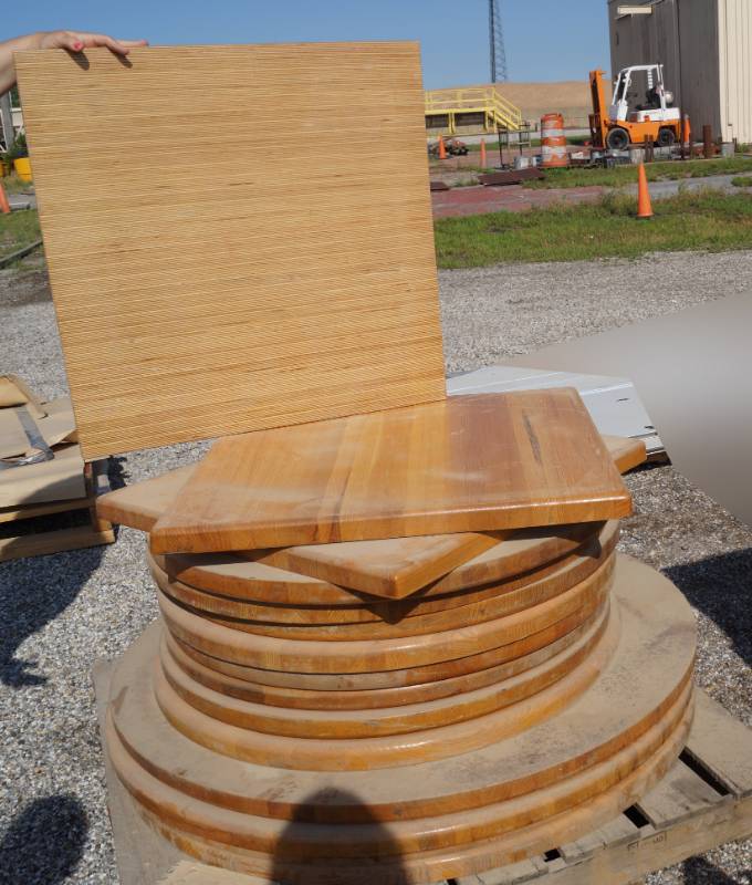 lot 5275 image: Lot of 14 Heavy Wood Restaurant Table Tops on a Pallet - Heavy Duty