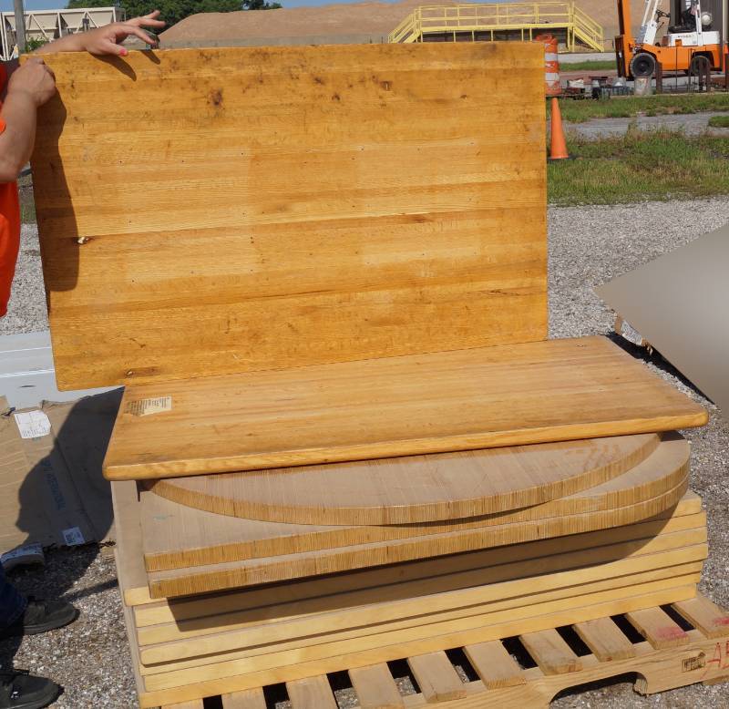 lot 5278 image: Lot of 13 Heavy Wood Restaurant Table Tops on a Pallet - Heavy Duty