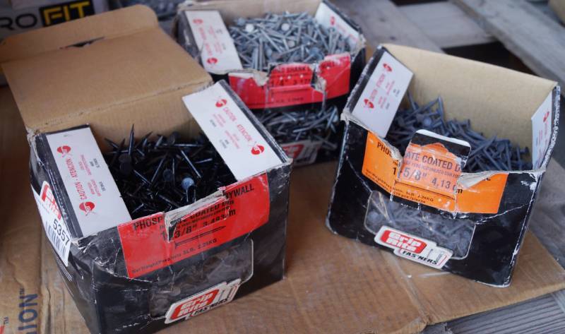 lot 5357 image: Lot of 3 Boxes of Nails - Coated Drywall, 1-38 and 1-58 and Anchoring Shank Drywall 1-14 - boxes are full