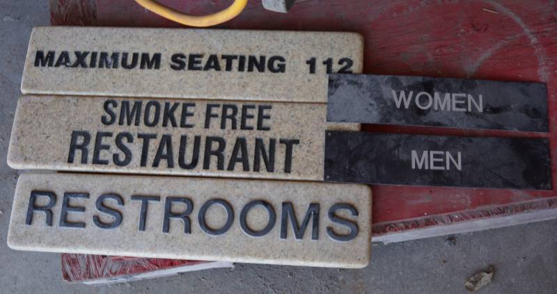 lot 5364 image: Lot of Directional Restaurant Signs - Restrooms, Smoke Free and more See pics