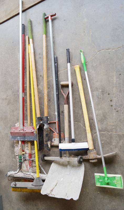 lot 5390 image: Lot of Long Handled Tools - Shovel, Pick Axe, Brooms, Rolling Magnet and More - see pics