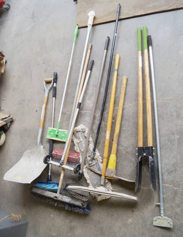 lot 5392 image: Lot of Long Handled Tools - Shovel, Pick Axe, Brooms, Rolling Magnet and More - see pics