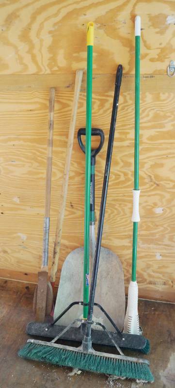 lot 5398 image: Lot of Long Handled Tools - Shovel, Brooms, specialty tool and more - see pics