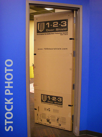 lot 5255 image: Lot of 3 Boxes of NEW 123Door Shield Door Saver Protection System - Reusable - & a heavy metal door