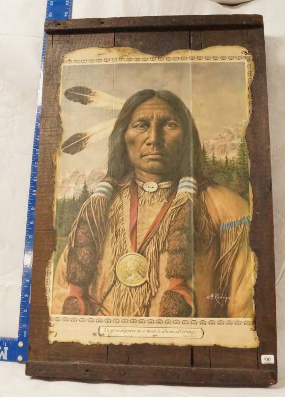 lot 5646 image: Native American Indian Chief Print Mache on Wood - Very Unique