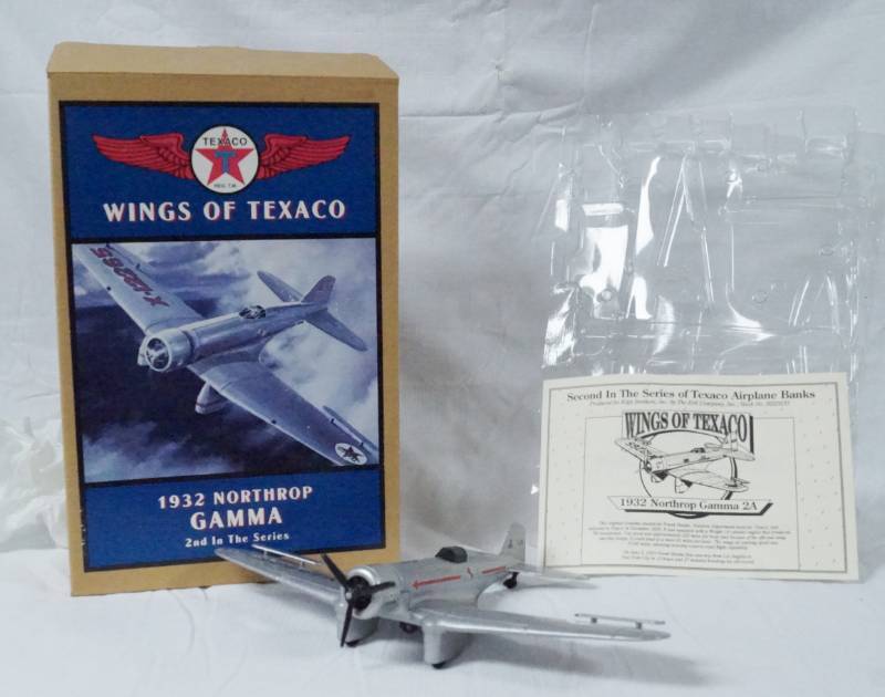 lot 5654 image: Diecast Metal Airplane Bank - 1932 Texaco Northrop Gamma - NIB w Papers - Very Cool